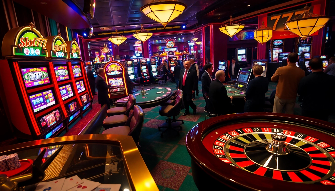 Excited players experience slot 777 wins at a vibrant casino with vivid slot machines.