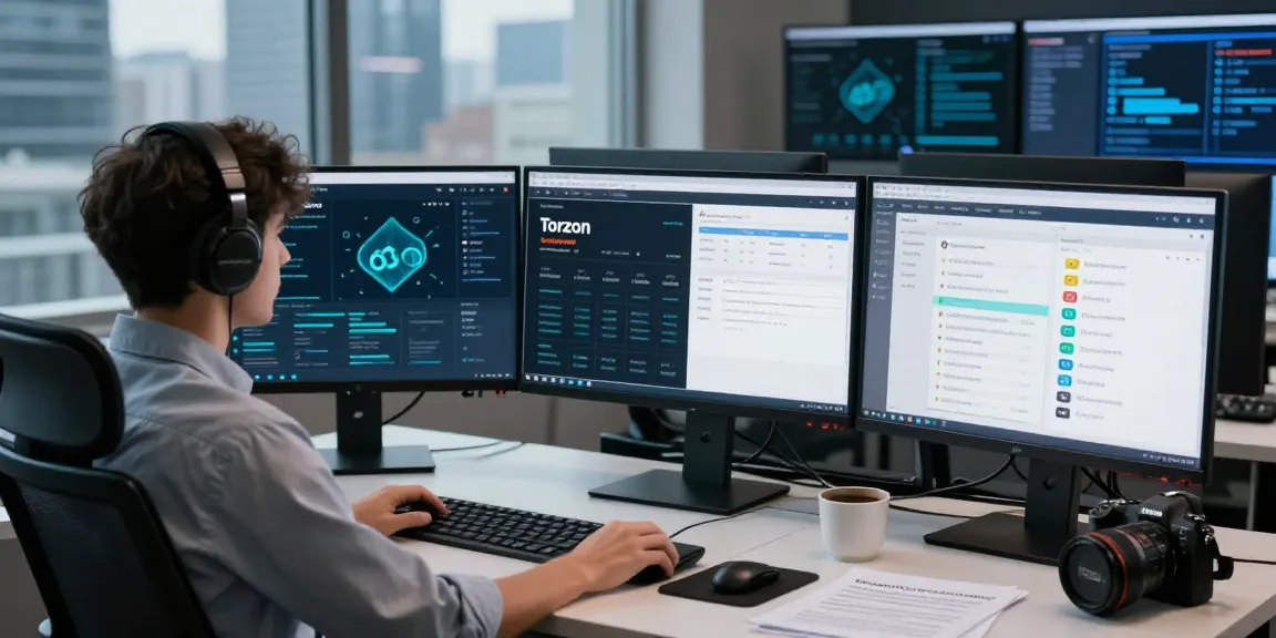 Cybersecurity analyst reviewing Torzon darknet market link and onion mirrors on multiple screens in innovative workspace.