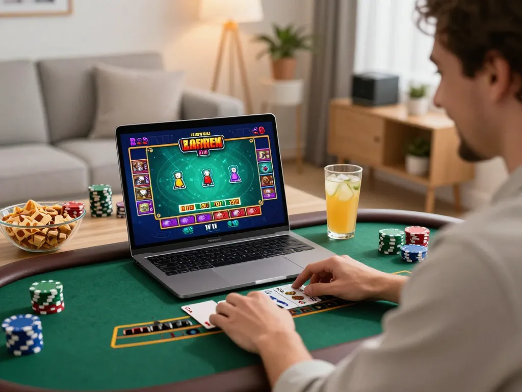 Engaged player on dh88.bio enjoying live dealer blackjack on laptop, creating exciting home gaming atmosphere