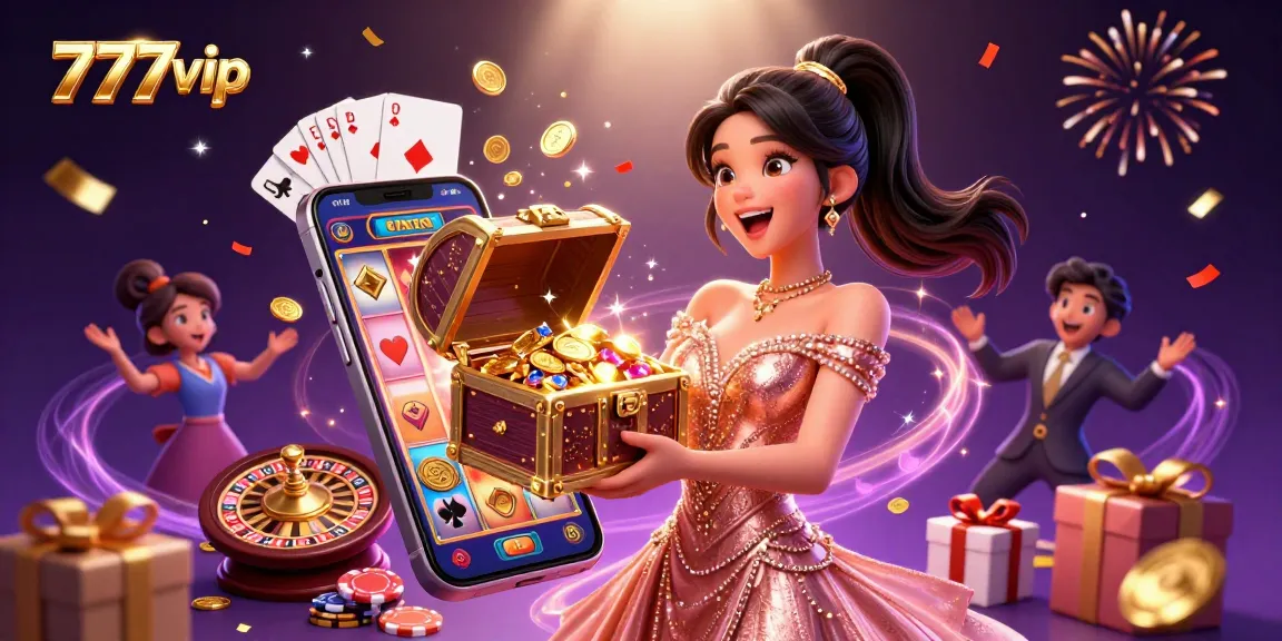 Experience the excitement of 777vip with vibrant treasures and casino games in this captivating illustration.