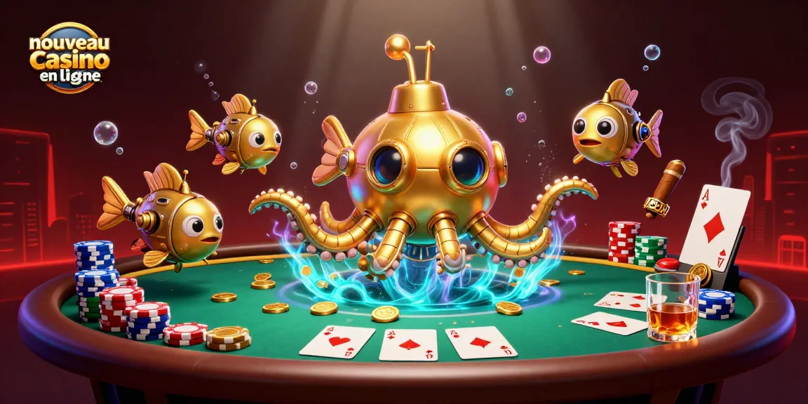 Découvrez un nouveau casino en ligne avec une illustration dynamique de kraken doré surfant sur des pièces d'or parmi des éléments de poker.