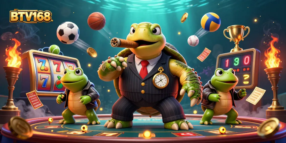BTV168 showcases a lively casino scene with a snapping turtle mobster and bullfrog enforcers among dynamic slot reels.