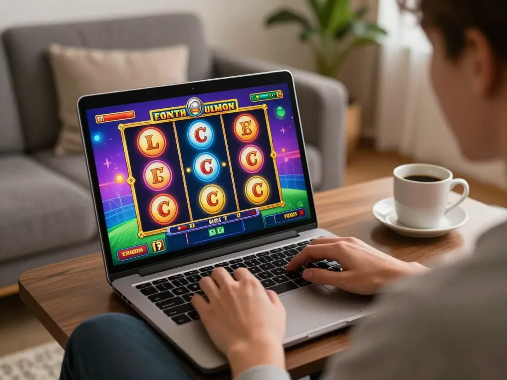Player engaging with okwin slot game on laptop in a cozy home setting.