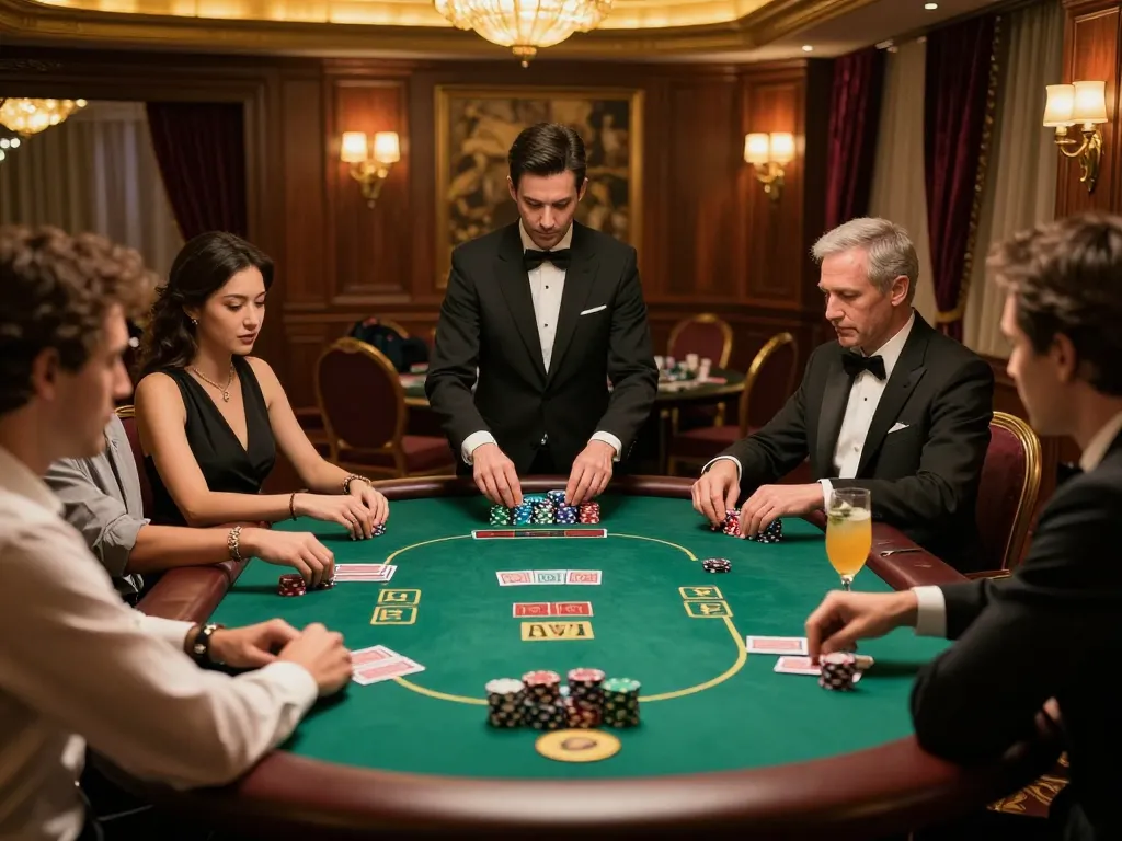 Players strategizing at a w188 poker table in a luxurious casino setting under soft golden lighting.