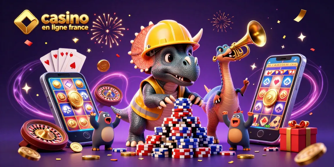 Illustration d'un triceratops en casque de chantier construisant une pyramide de jetons au casino en ligne France.