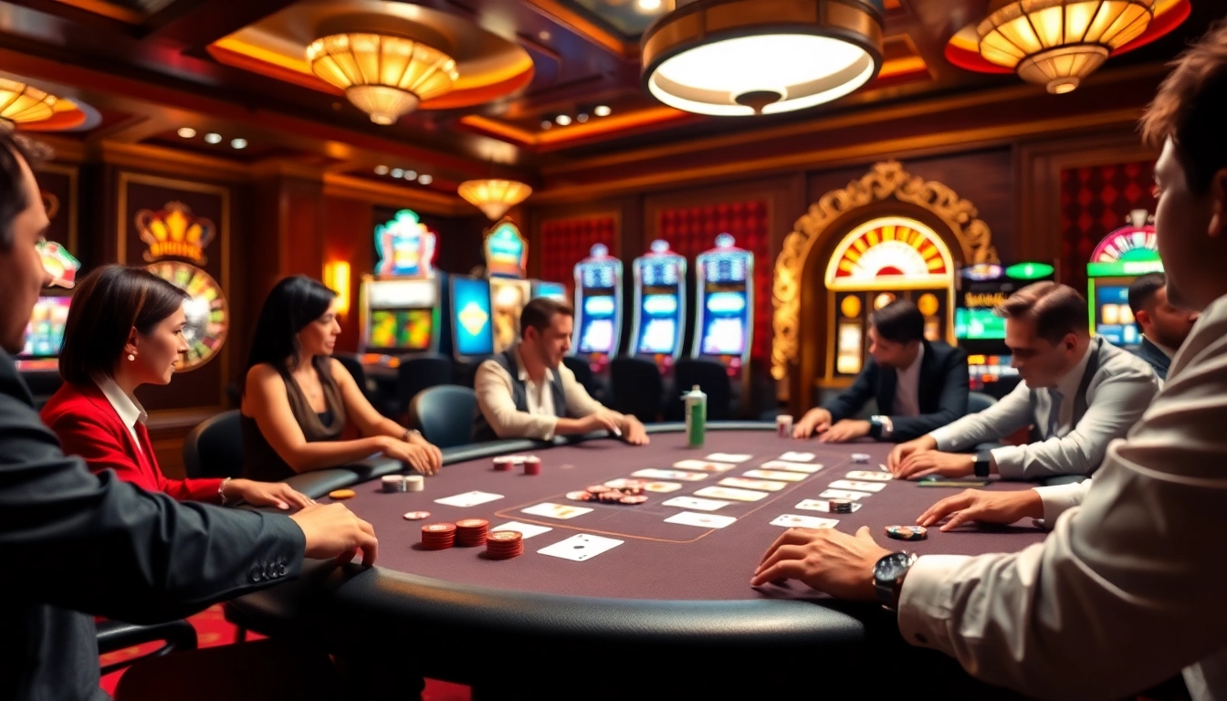 Players engaging in a high-stakes poker game at Jogoluck casino, highlighting excitement and strategy.