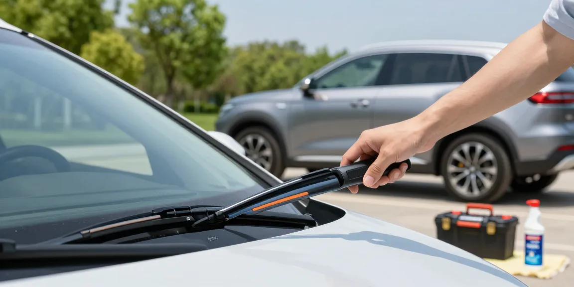 Close-up of a soft wiper blade being inspected by a driver, showcasing its flexibility and design in a sunny outdoor car maintenance scene.