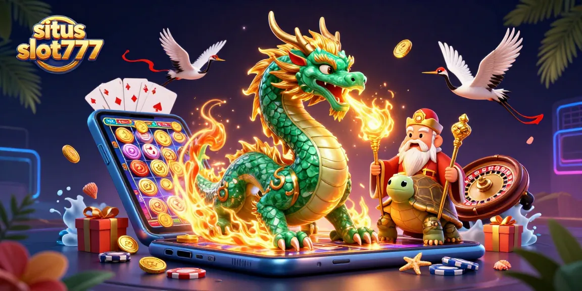 Spin reels and win big with situs slot777, featuring an emerald dragon and gaming elements in vibrant 3D.