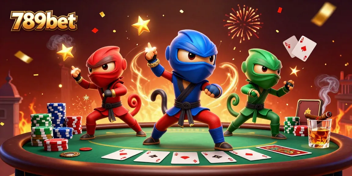 Các ninja chameleon 789bet thực hiện các động tác võ thuật trên nền sòng bài sôi động.