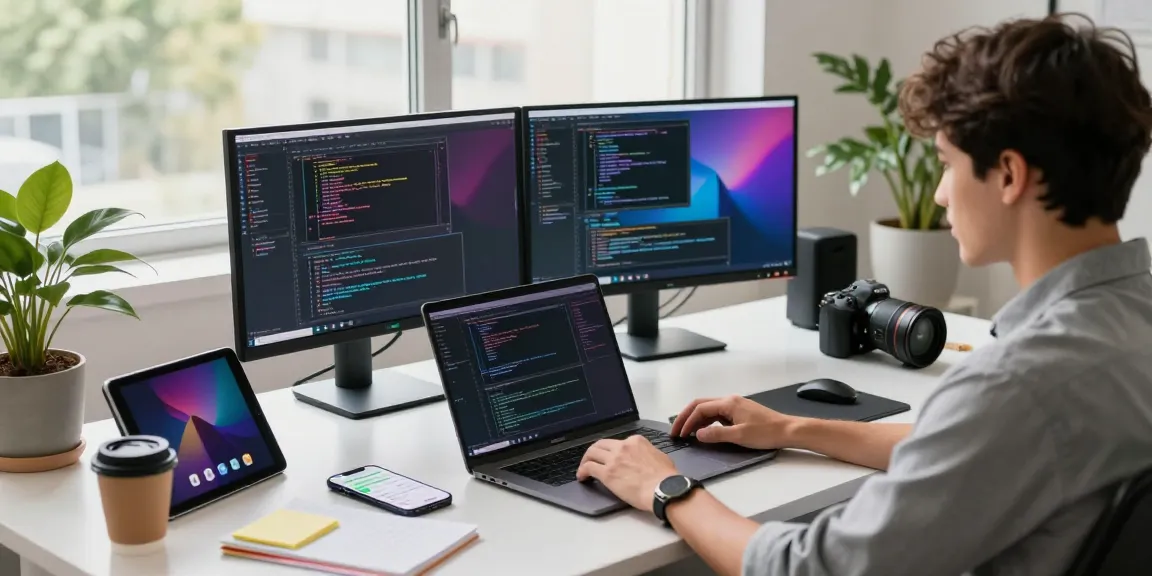 WhatsApp下載 in a modern coding workspace with tech gadgets and bright natural light.
