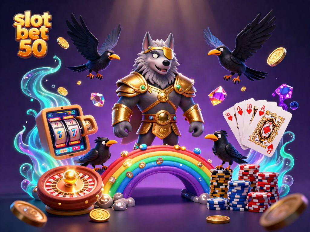 Spin to win with slot bet 50 amidst golden coins and vibrant casino elements.