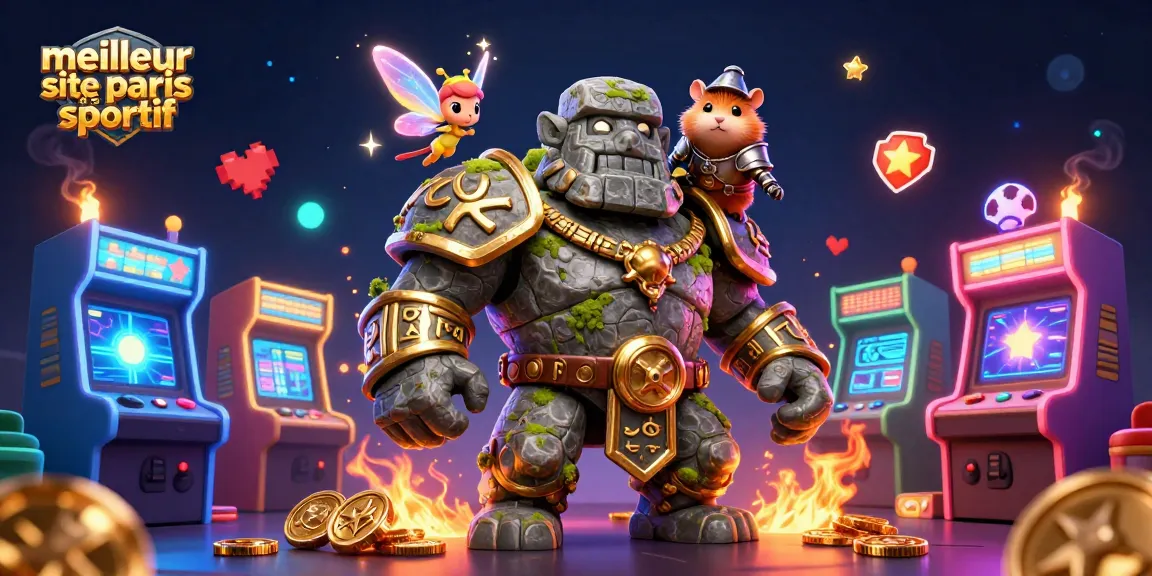 Une illustration captivante représentant le meilleur site de paris sportif avec un golem gardien et un hamster chevalier.
