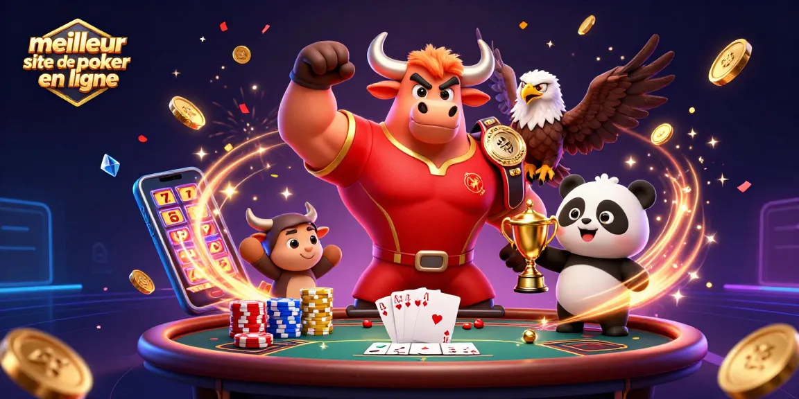 Survolez la scène du meilleur site de poker en ligne avec un taureau musclé et un panda heureux célébrant ensemble.