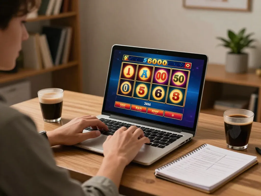 SLOT6000 online gameplay on laptop with strategic notes and cozy atmosphere