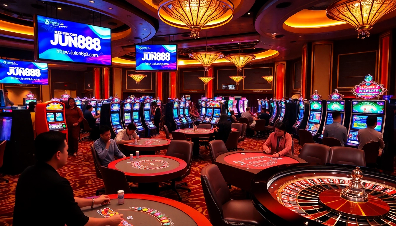 Engaging players at a luxurious casino inspired by https://jun88pl.com/ with vibrant tables and slot machines.