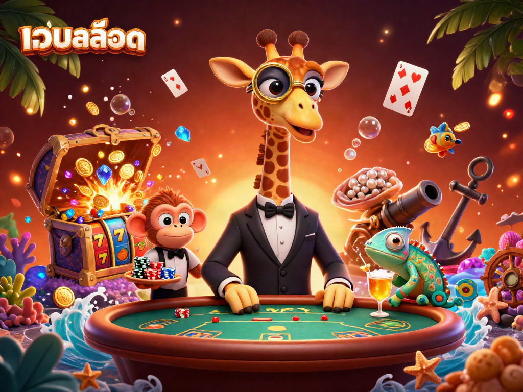 Engage in เว็บสล็อต excitement with a high-roller giraffe at a colorful slot game scene.