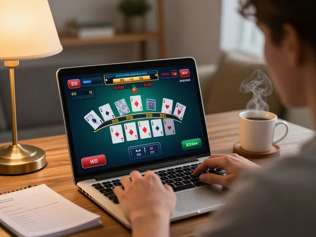 Player enjoying OK FUN online blackjack game on a laptop, showcasing strategic elements in a cozy home office.