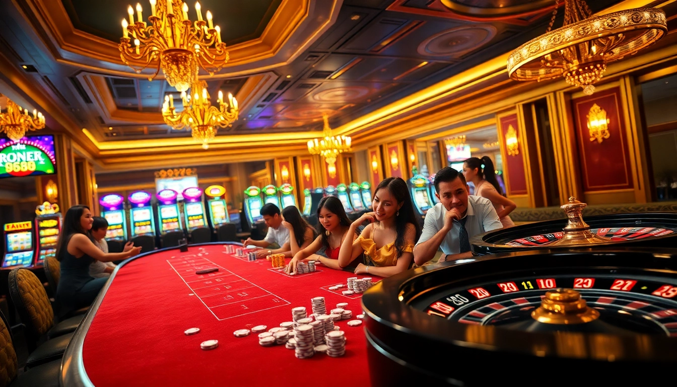 Exciting gambling scene with poker tables, slot machines, and Trang chủ xin88 elements.