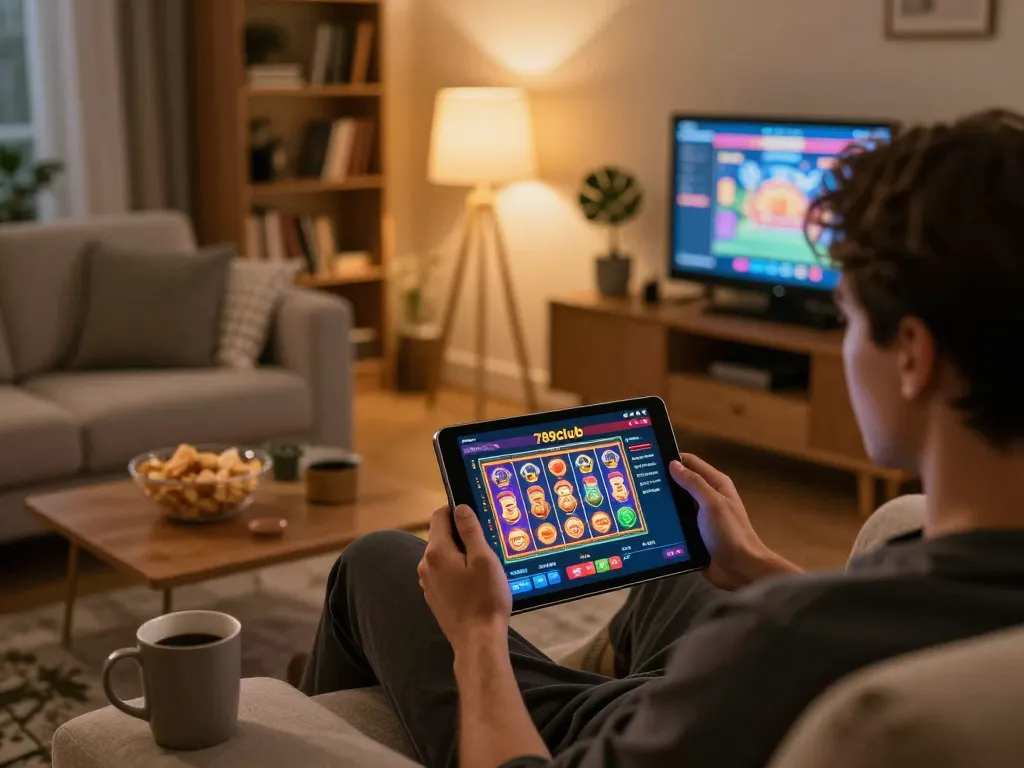 Player enjoying 789club mobile app for engaging online gambling experience at home with cozy atmosphere