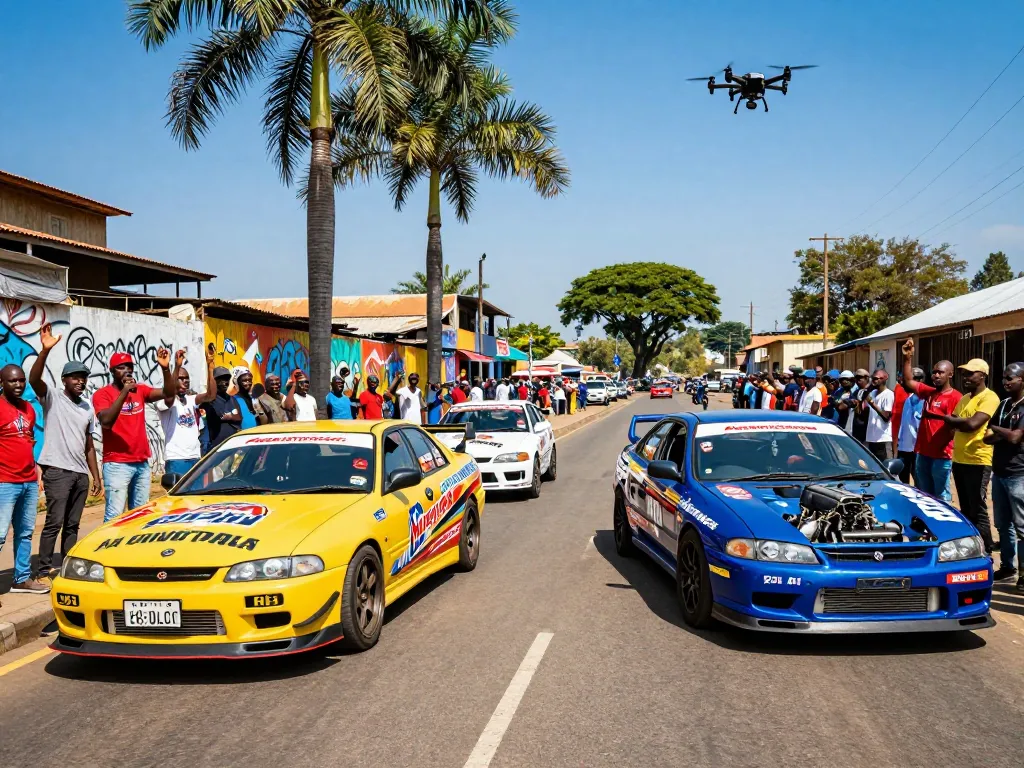 Street racing Kenya event with high-performance cars and cheering crowd.