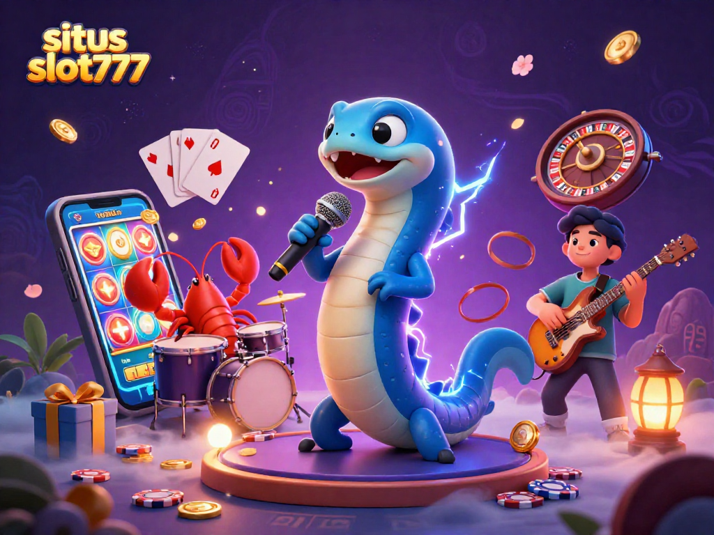 Situs slot777 showcases a vibrant underwater casino scene with a DJ electric eel, lively lobster drummer, and seahorse guitarist.