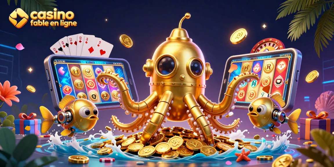 Célébrez l'excitation des jeux de casino avec un kraken doré et des machines à sous, représentant un casino fiable en ligne.