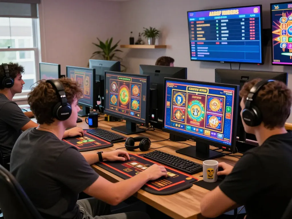 BAYITOTO Bandar Toto Online Terbaik dengan Pembayaran Cepat, players enjoying thrilling online gaming experience in vibrant home office.