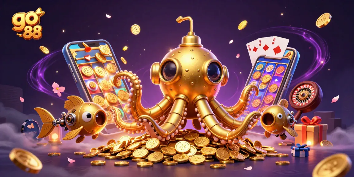 Experience the thrill of go 88 as a golden kraken submarine emerges from coins, revealing exciting slot game action.
