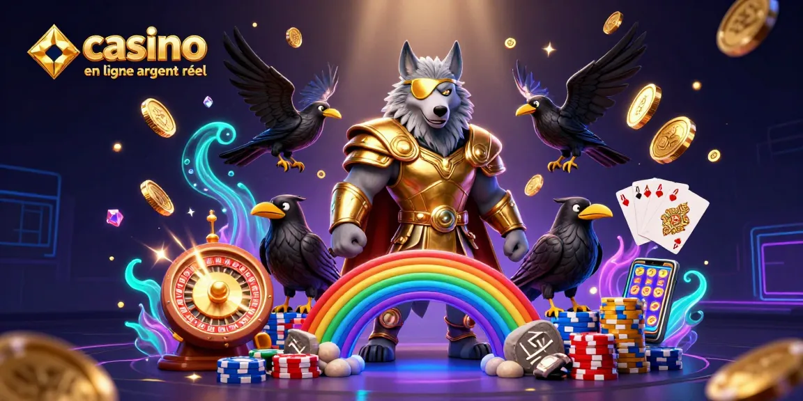 Jouez au casino en ligne argent réel avec l'Odin et des corbeaux parmi des jetons et des pièces dorées.