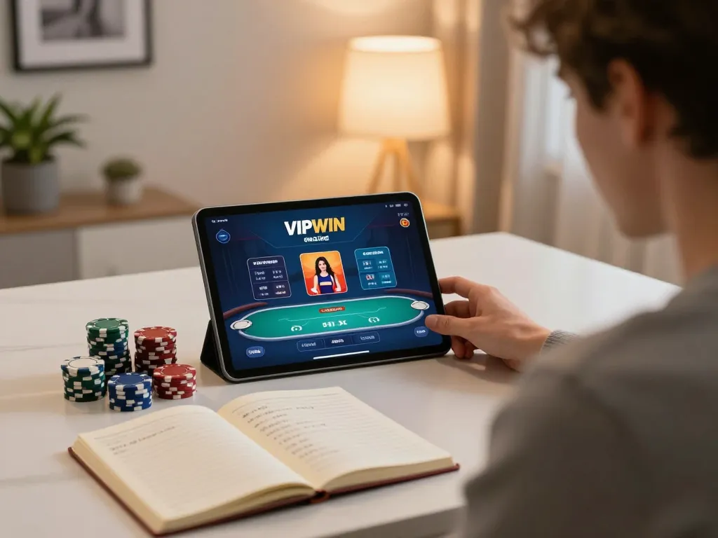 Engaged player enjoying a VIPWIN poker game on a tablet, enhancing online gaming experience