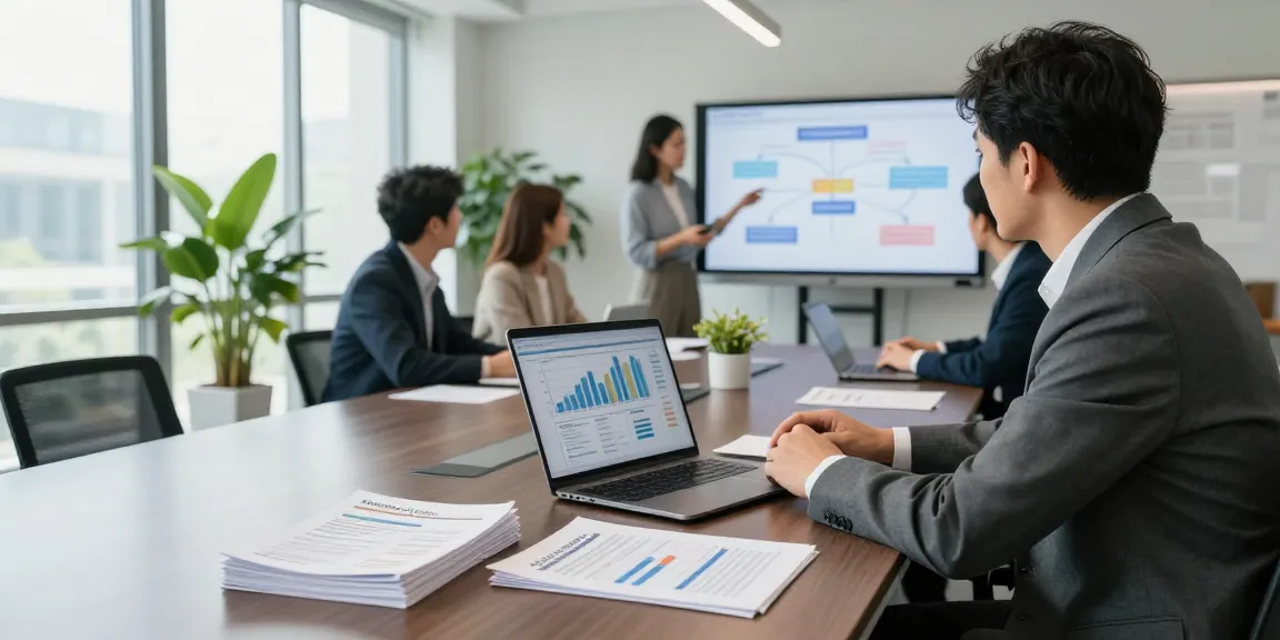 Discussing deposit 5000 options in a modern financial office with advisor and reports.
