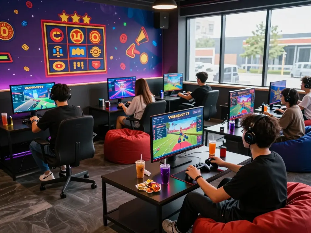 Diverse group enjoying VEGASSLOT77 online gaming in a vibrant lounge, showcasing excitement and camaraderie.