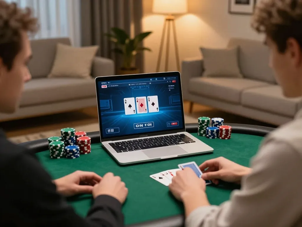 Player strategizing in an online Nk88 poker game with focused expressions.