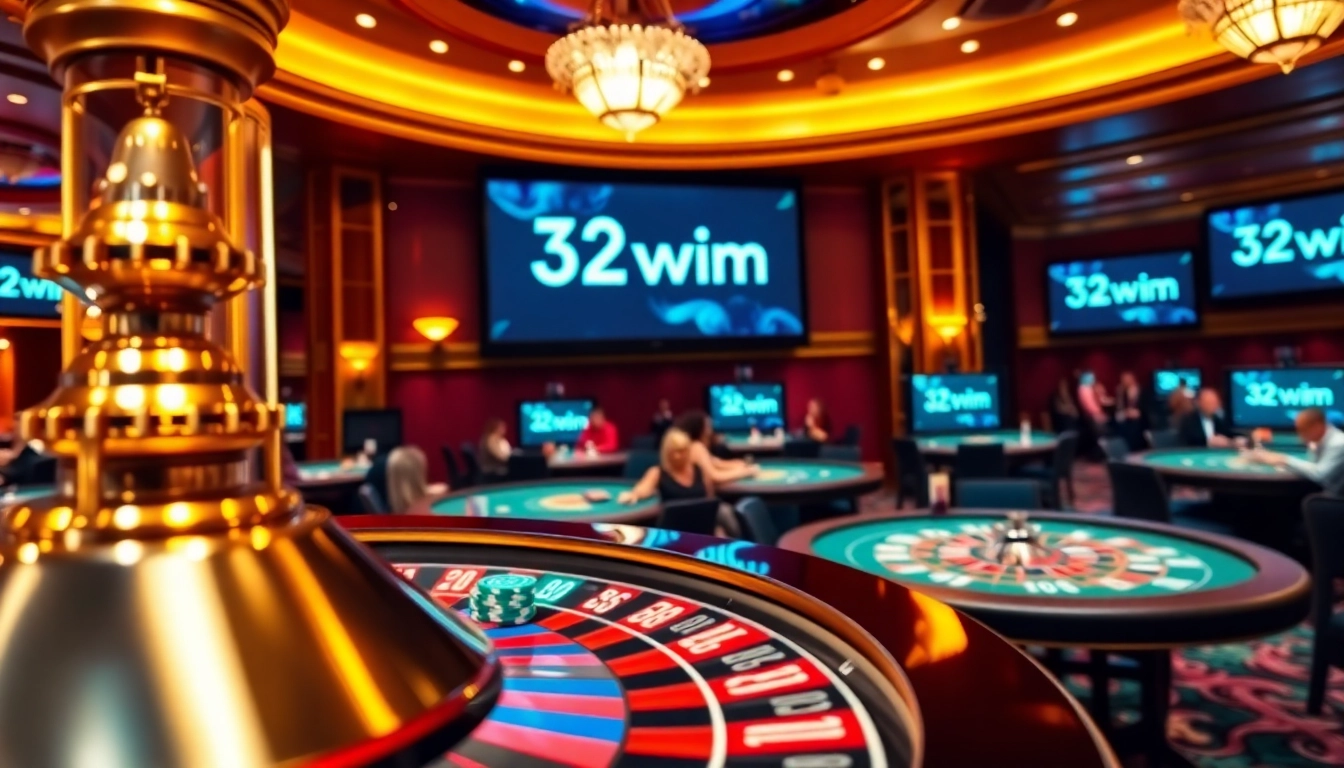 Experience the thrill of winning at the 32wim casino with players celebrating at vibrant tables and roulette.