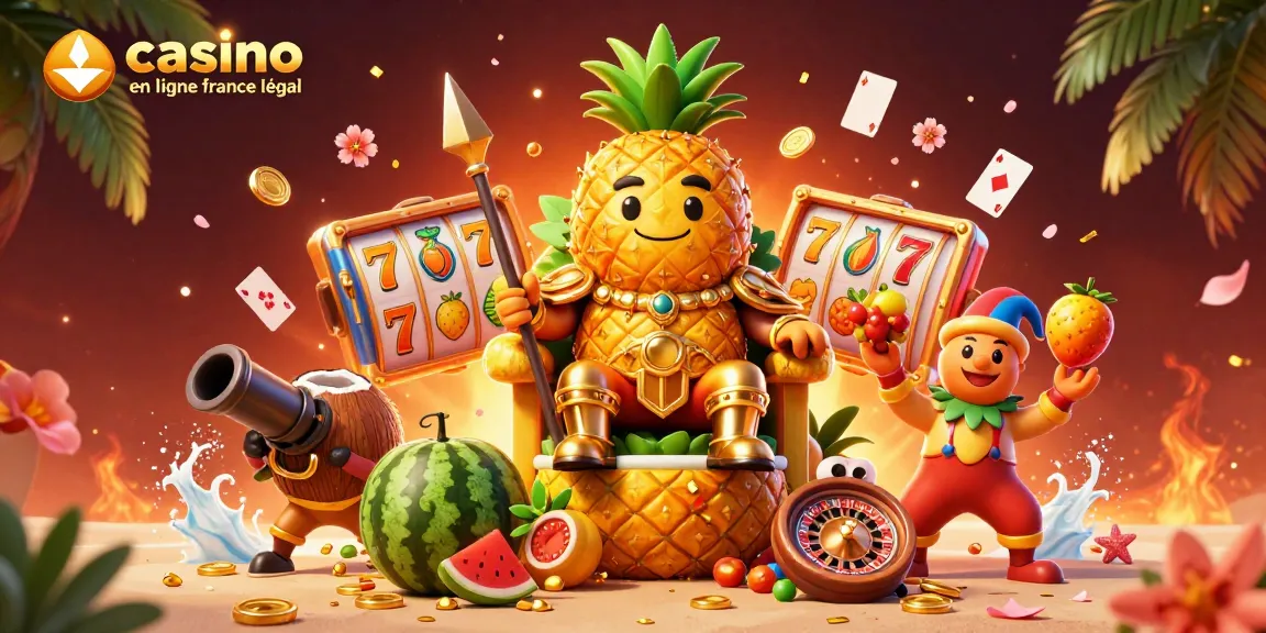 Illustration dynamique d'un roi ananas doré dans un casino, symbolisant le casino en ligne légal en France.