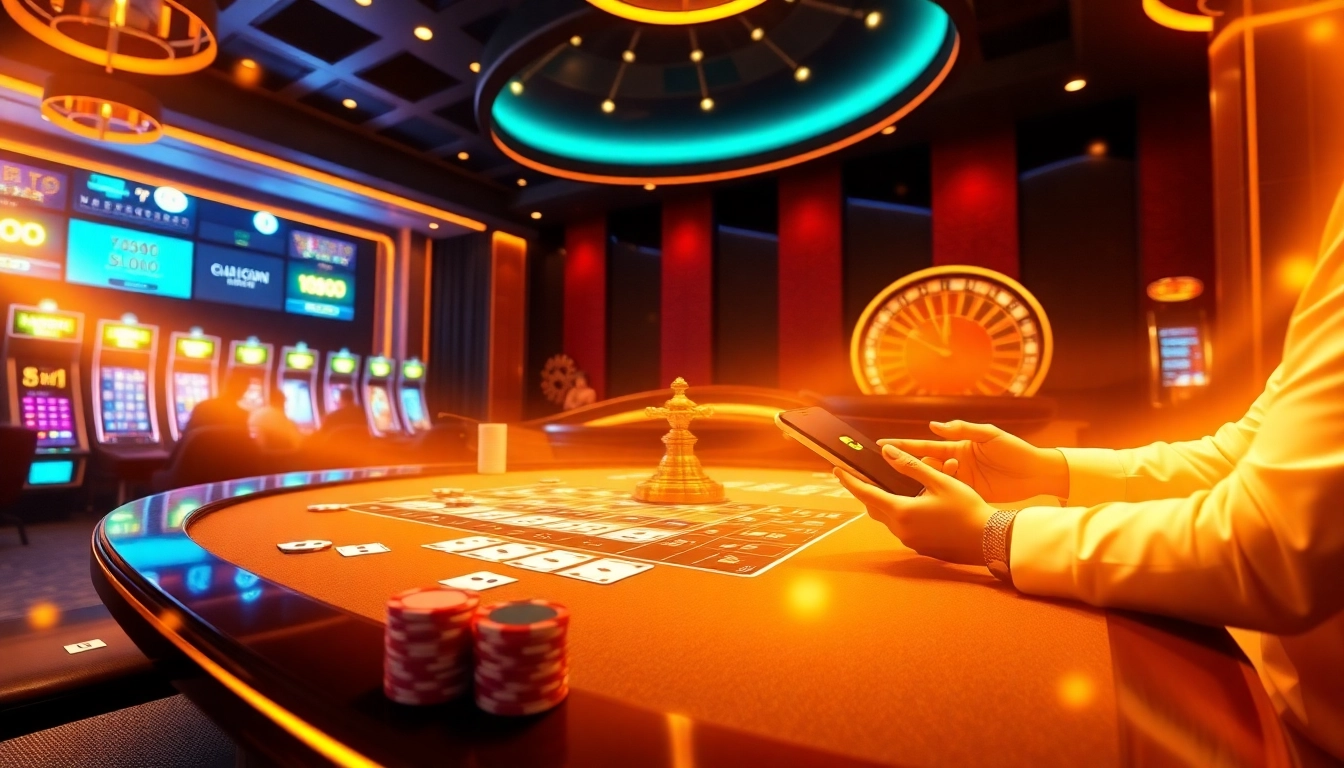 U888 players place bets at a luxurious online casino table with vibrant slot machines.