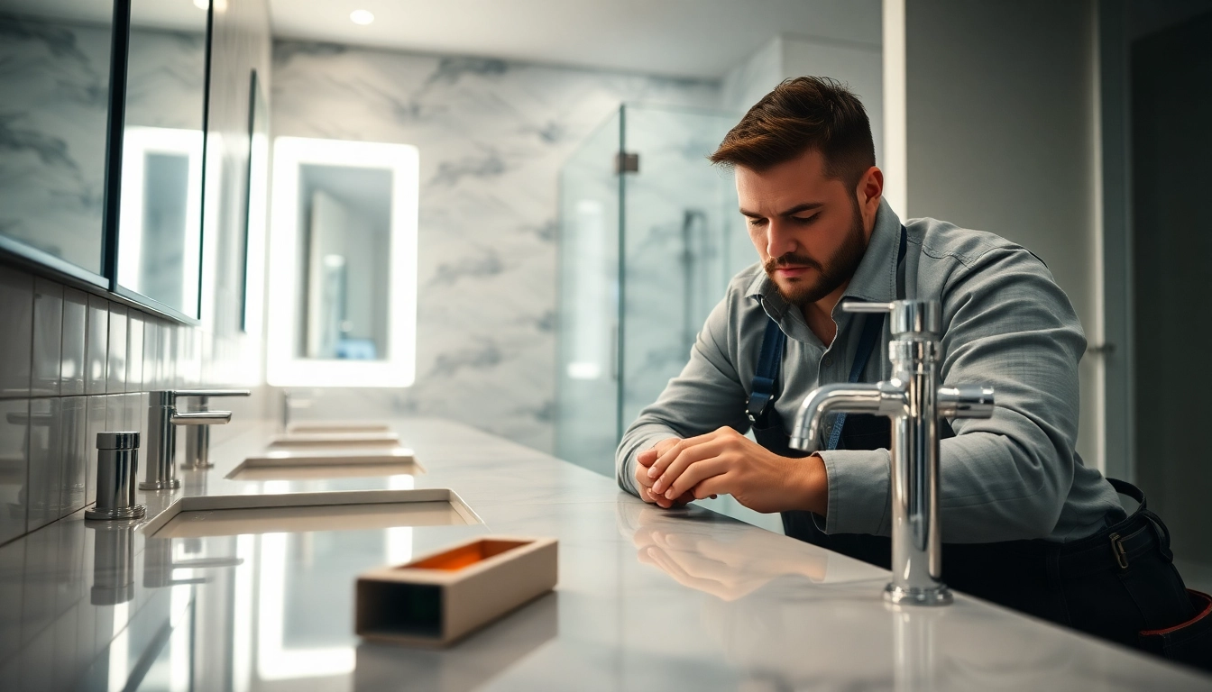 Expert bathroom remodeling contractors installing elegant fixtures and stylish accessories in a modern setting.