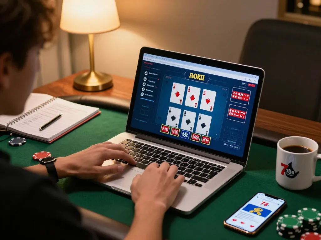 Engaging poker gameplay on 789club casino app with player using modern laptop in cozy setting.