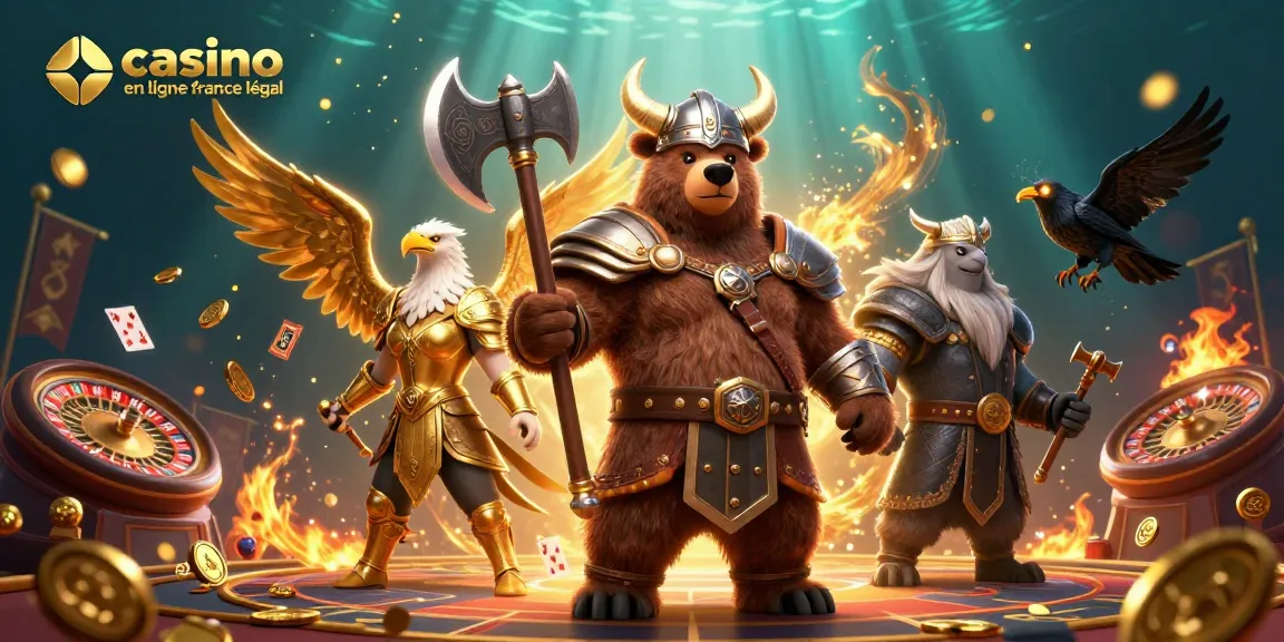 Illustration dynamique sur le thème des jeux d'argent mettant en avant un ours viking et une aigle valkyrie, représentant le casino en ligne légal en France.