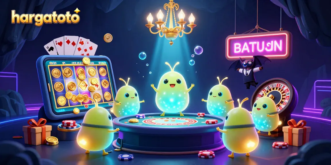 Engage with hargatoto's vibrant casino scene illuminated by glowworms, showcasing exciting slot games and dynamic gaming elements.