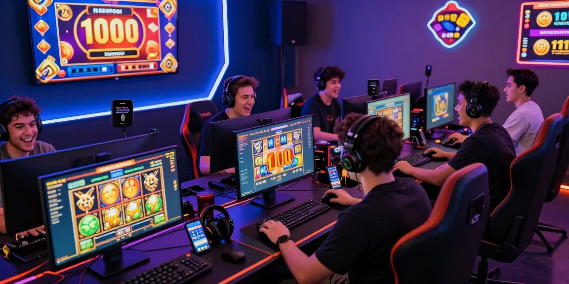 Excited gamers enjoying slot deposit 1000 games in a modern gaming setup.