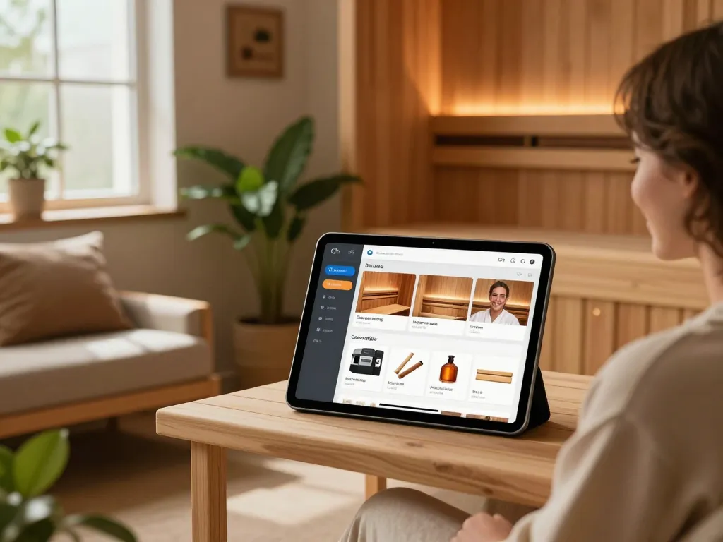 Using the sauna configurator on a tablet in a cozy wellness environment.