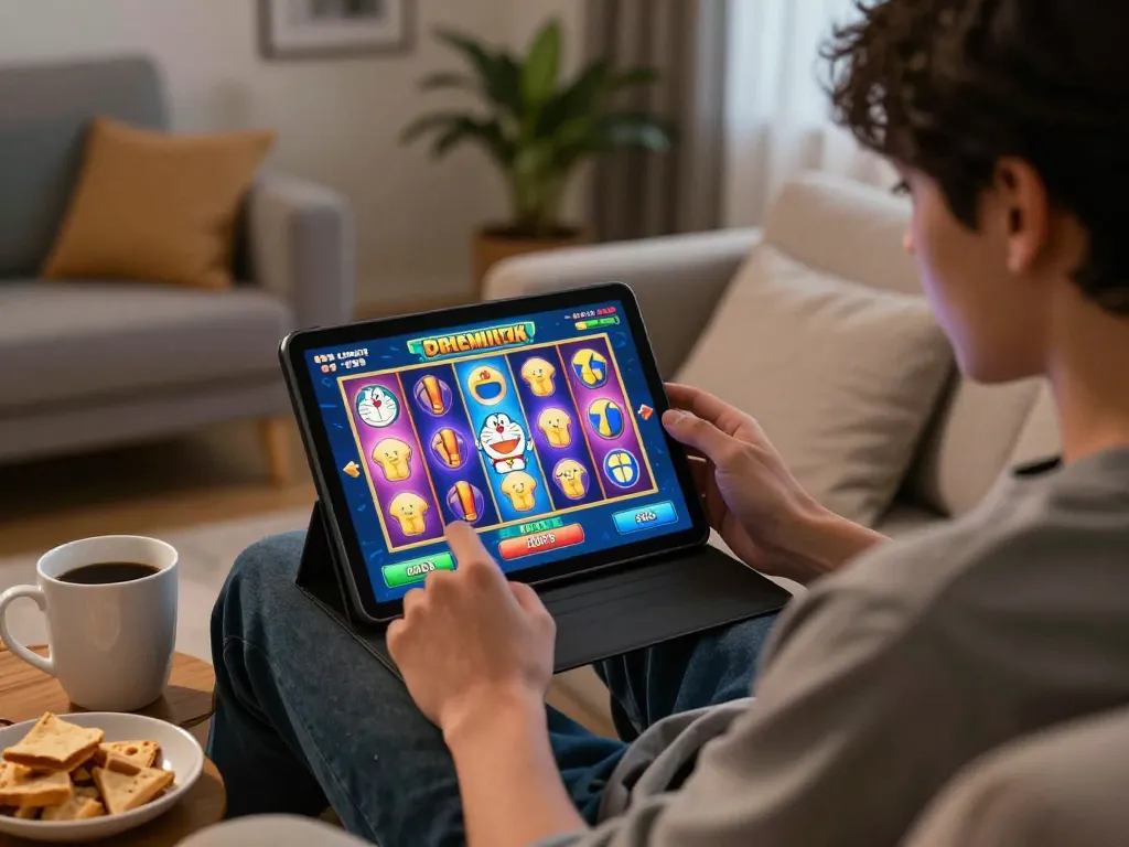 Player enjoying BUKA77 online slot game on tablet in cozy living room setting.