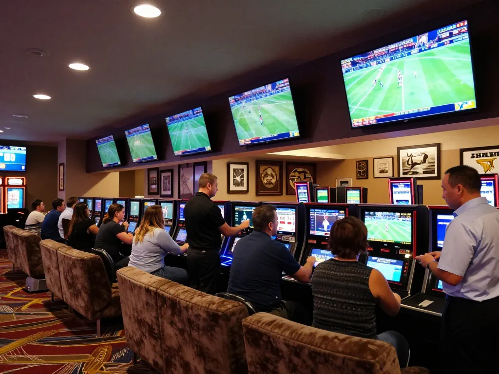 Engaged sports bettors using keonhacai 5 to place bets at an upscale lounge.