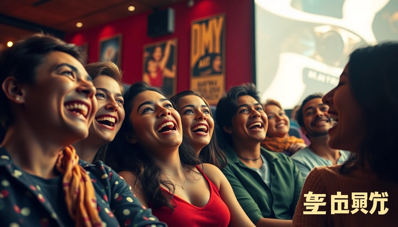 Enjoying a thrilling ดูหนัง experience with friends in a lively cinema setting.