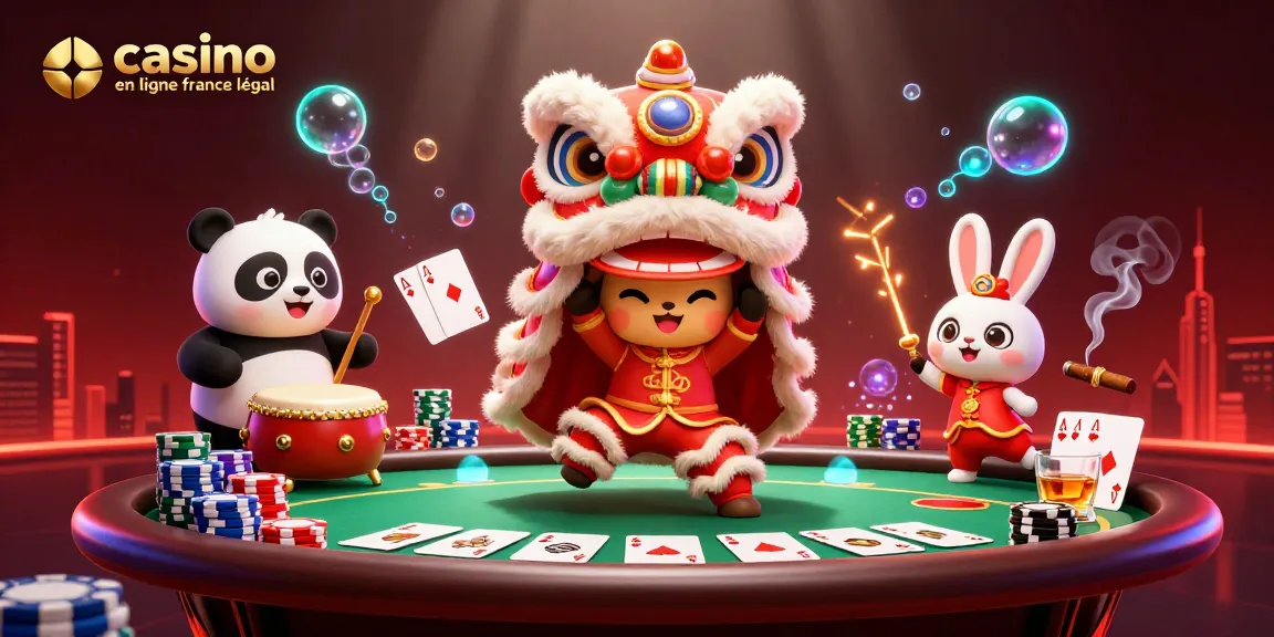 Illustration de casino en ligne légal en France avec danse de lion et éléments de poker dynamiques.