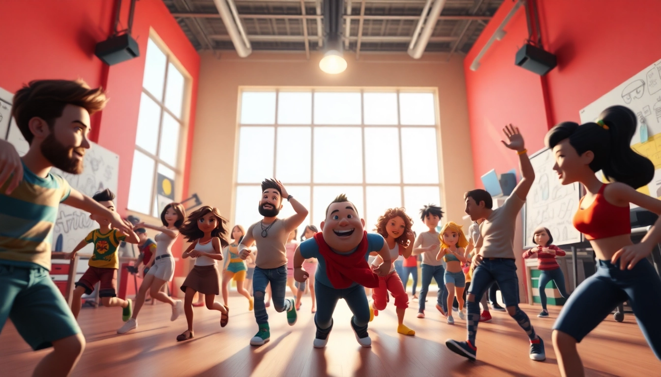 3D Animation characters in motion within a vibrant studio atmosphere, showcasing creativity.