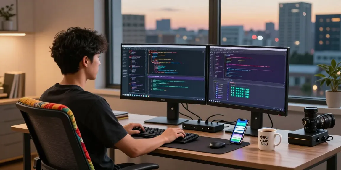 纸飞机下载 showcased in a modern tech workspace with a programmer coding on dual screens, emphasizing innovation and productivity.