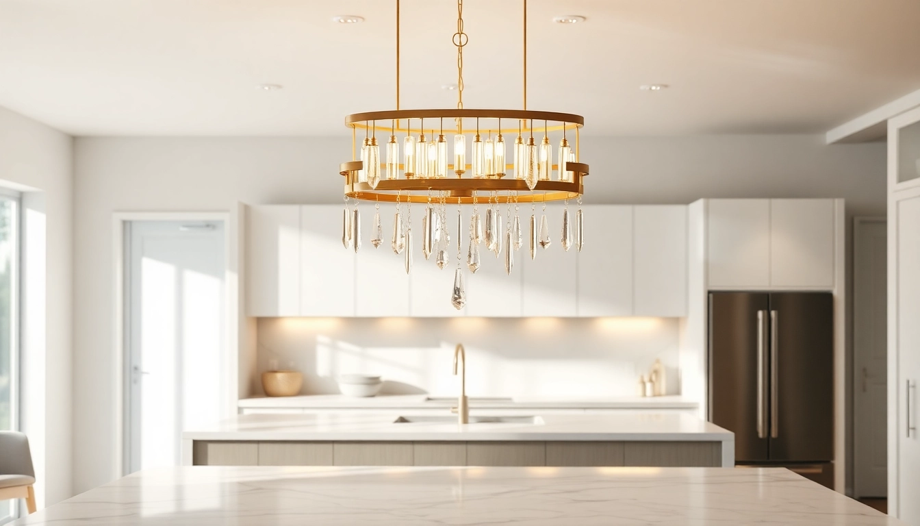 Enhance your dining area with this exquisite island chandelier that features crystal drops and brass accents.