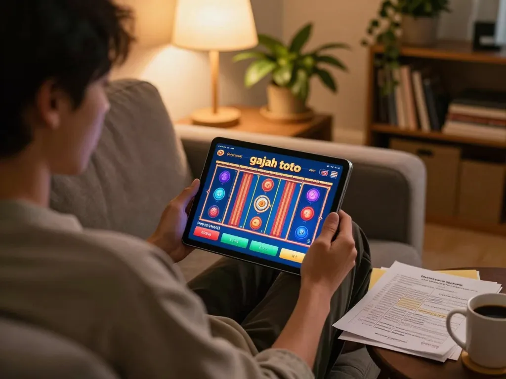 Engaging online session showcasing gajah toto gaming interface on tablet, surrounded by cozy home elements.